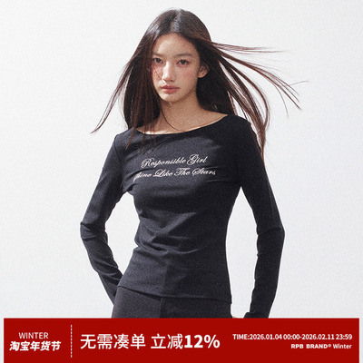 RPB BRAND莱赛尔亲肤一字肩美式复古字母休闲百搭时尚长袖T恤上衣