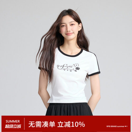 RPB BRAND莫代尔面料触感细腻显瘦t恤女玫瑰短袖简约百搭打底上衣