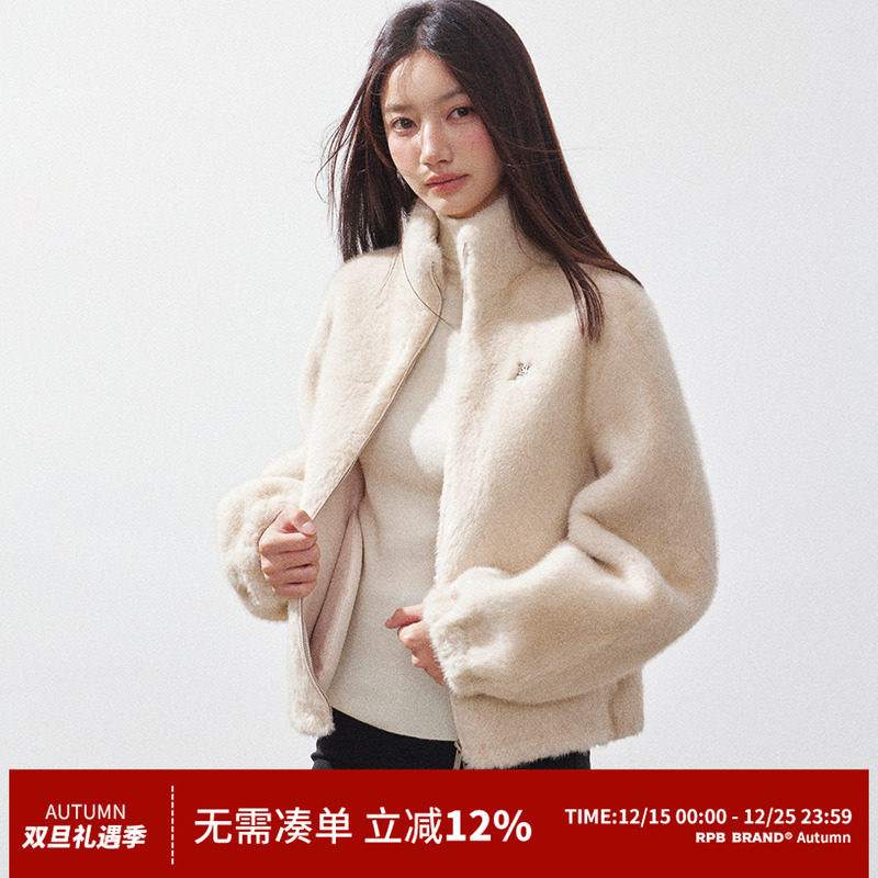 RPB BRAND 慵懒风保暖立领夹克仿皮草外套女短款宽松夹克上衣