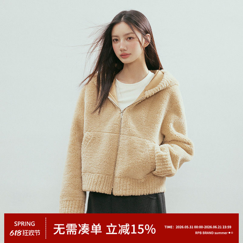 RPB BRAND内里加厚连帽皮毛一体螺纹剪毛工艺减龄人造皮草外套