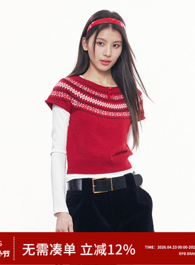 RPB BRAND细腻羊毛费尔岛风红色短袖针织衫女复古圆领毛衣