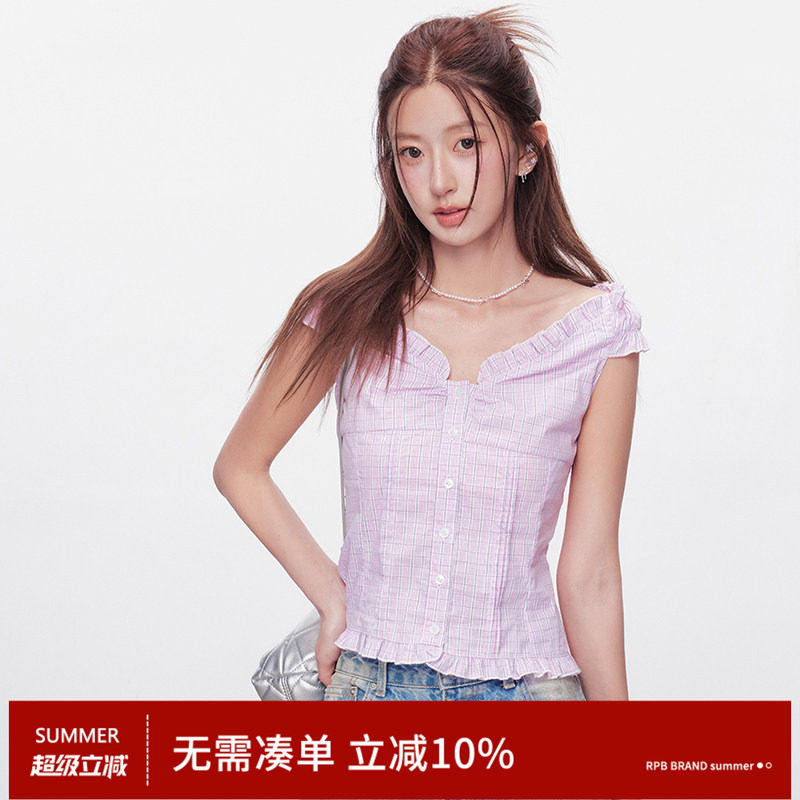 RPB BRAND修身收腰通勤甜辣风V领荷叶边格纹衬衫女短袖上衣少女感图片
