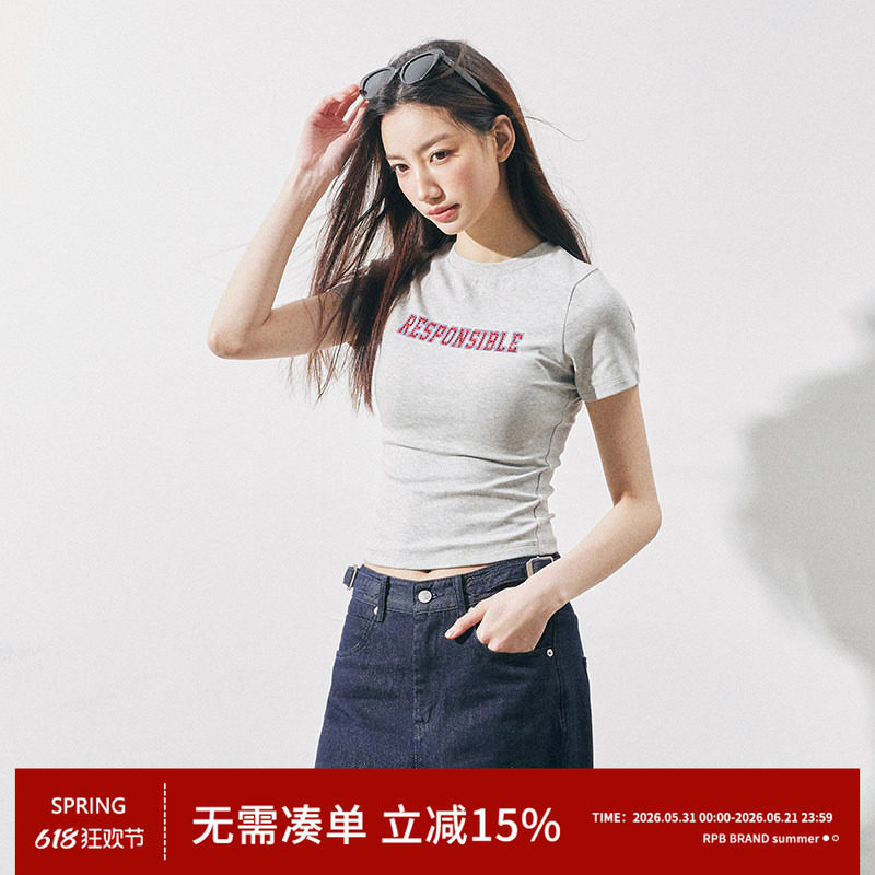 RPB BRAND美式复古辣妹烫钻刺绣正肩T恤女百搭显瘦紧身上衣短袖