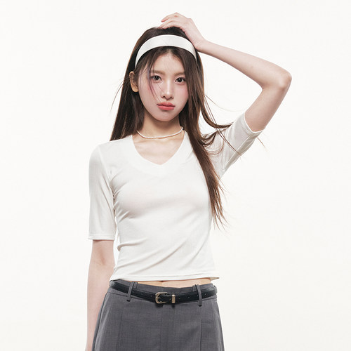 RPB BRAND显瘦深V领莱赛尔短袖T恤女修身显瘦纯色五分袖正肩上衣