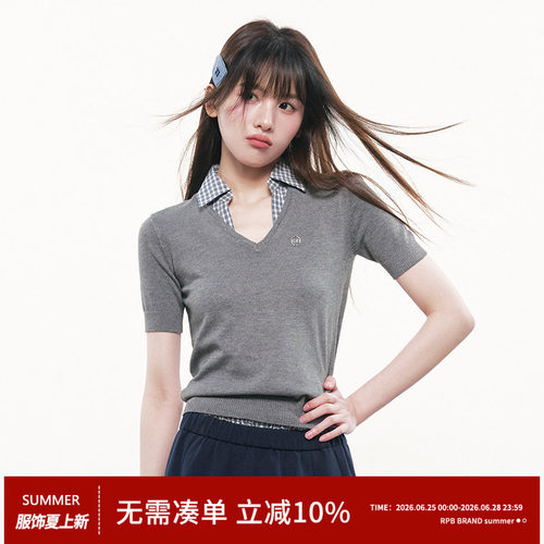 RPB BRAND学院风格纹V领假两件羊毛针织衫短袖高级感显瘦上衣毛衣