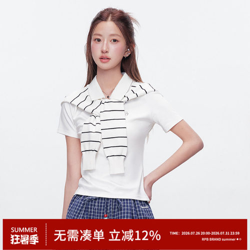 RPB BRAND 天丝莫代尔显瘦通勤学院风POLO领短袖T恤修身披肩上衣