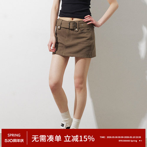 RPB BRAND 简约复古水洗腰带装饰做旧牛仔半身裙女显瘦A字短裙