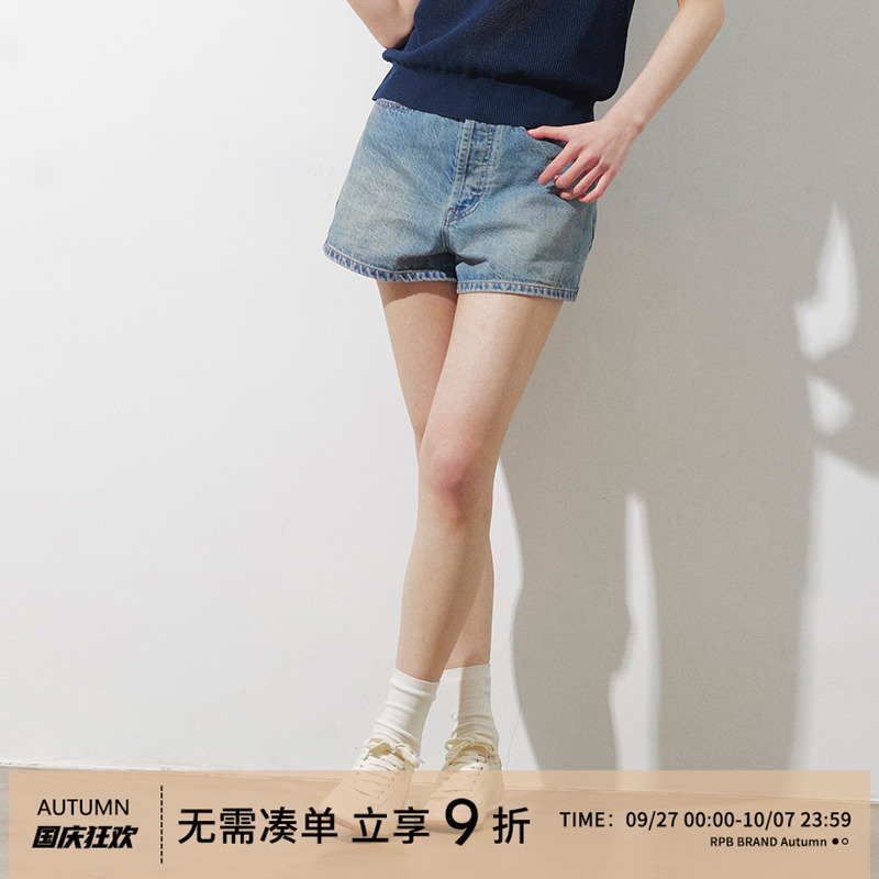 RPB BRAND 美式复古水洗做旧纯棉牛仔短裤女显瘦百搭直筒热裤
