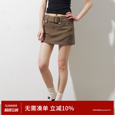 RPB BRAND 简约复古水洗腰带装饰做旧牛仔半身裙女显瘦A字短裙