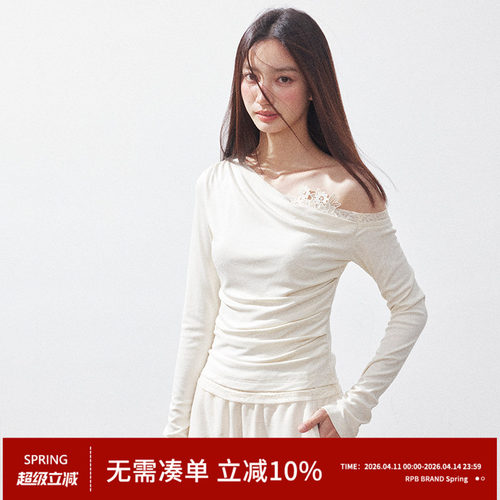RPB BRAND 蕾丝拼接斜肩长袖T恤女修身显瘦设计感一字肩露肩上衣