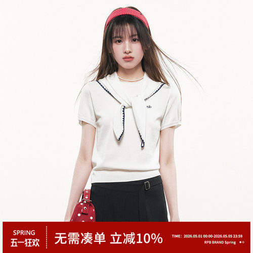 RPB BRAND 白色海军领短袖针织衫女学院风合身显瘦蝴蝶结领带上衣