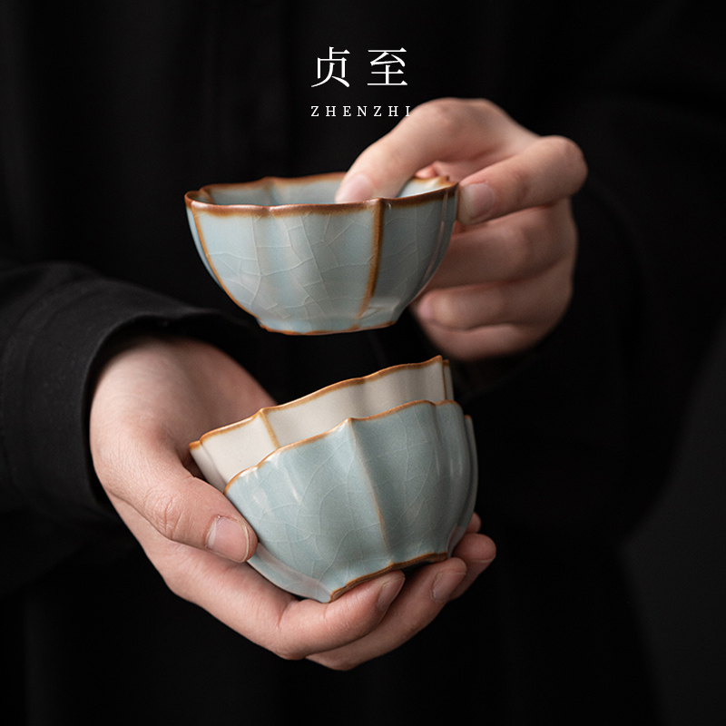 柏韵邱卫国汝瓷月季杯汝窑开片可养陶瓷茶具品茗杯冰裂釉复古单杯