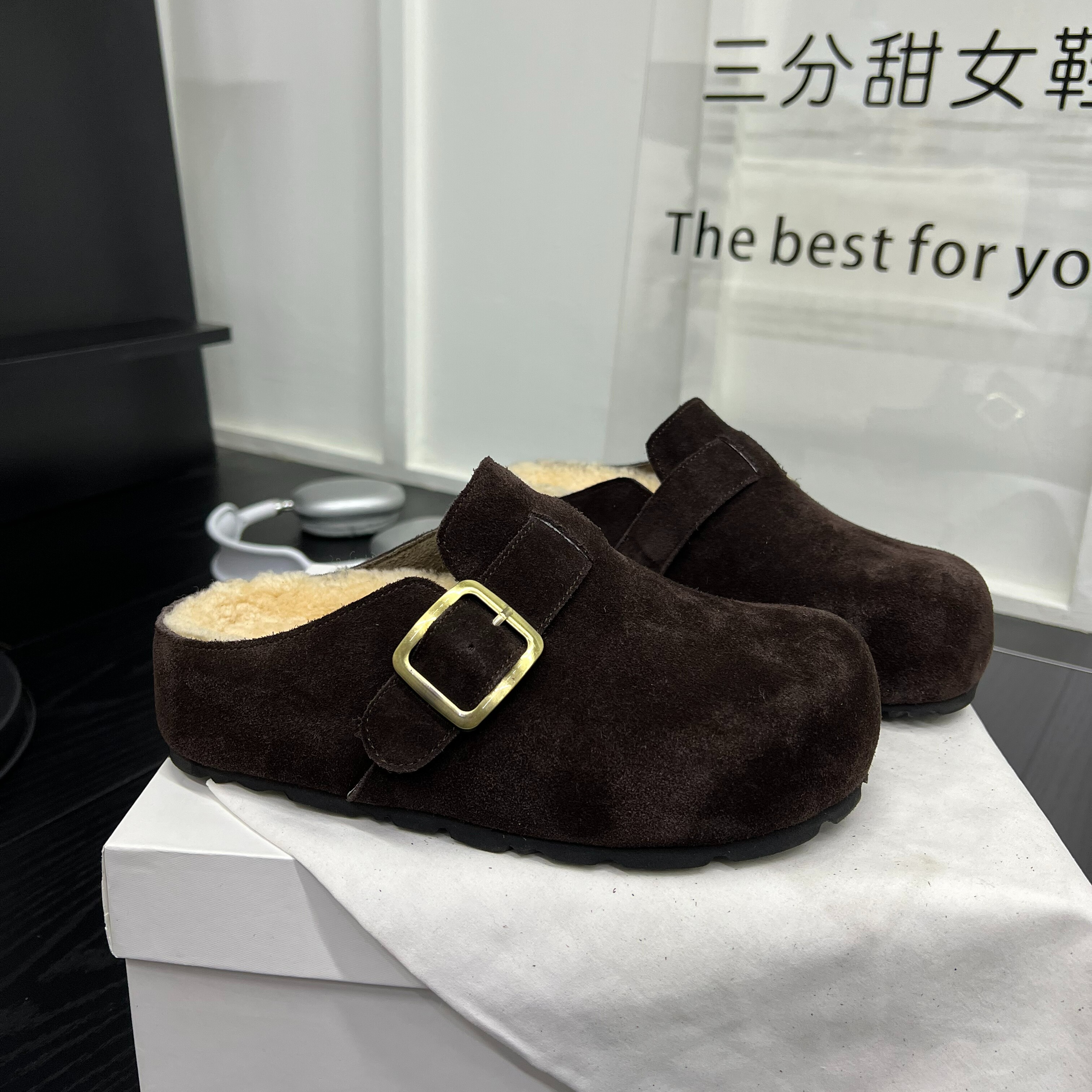 网红同款磨砂皮平底加绒勃肯包头拖鞋女百搭一脚蹬外穿羊毛半拖鞋