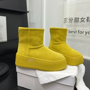 韩系磨砂皮三角标厚底增高烟筒靴女爆款 防滑黄色短靴 加绒保暖棉鞋