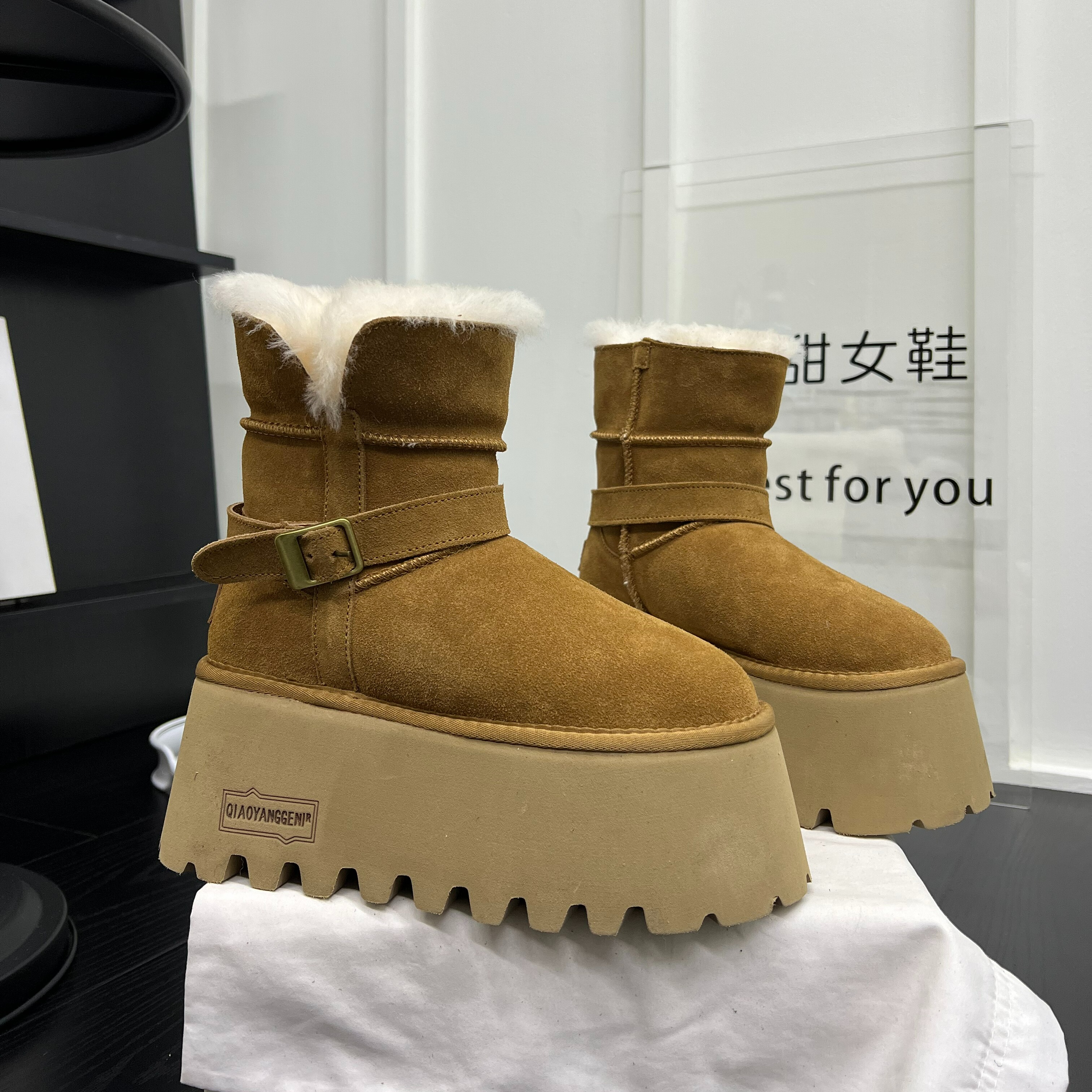 欧货爆款羊毛口厚底增高雪地靴女超轻底小个子一脚蹬加绒棉靴两穿