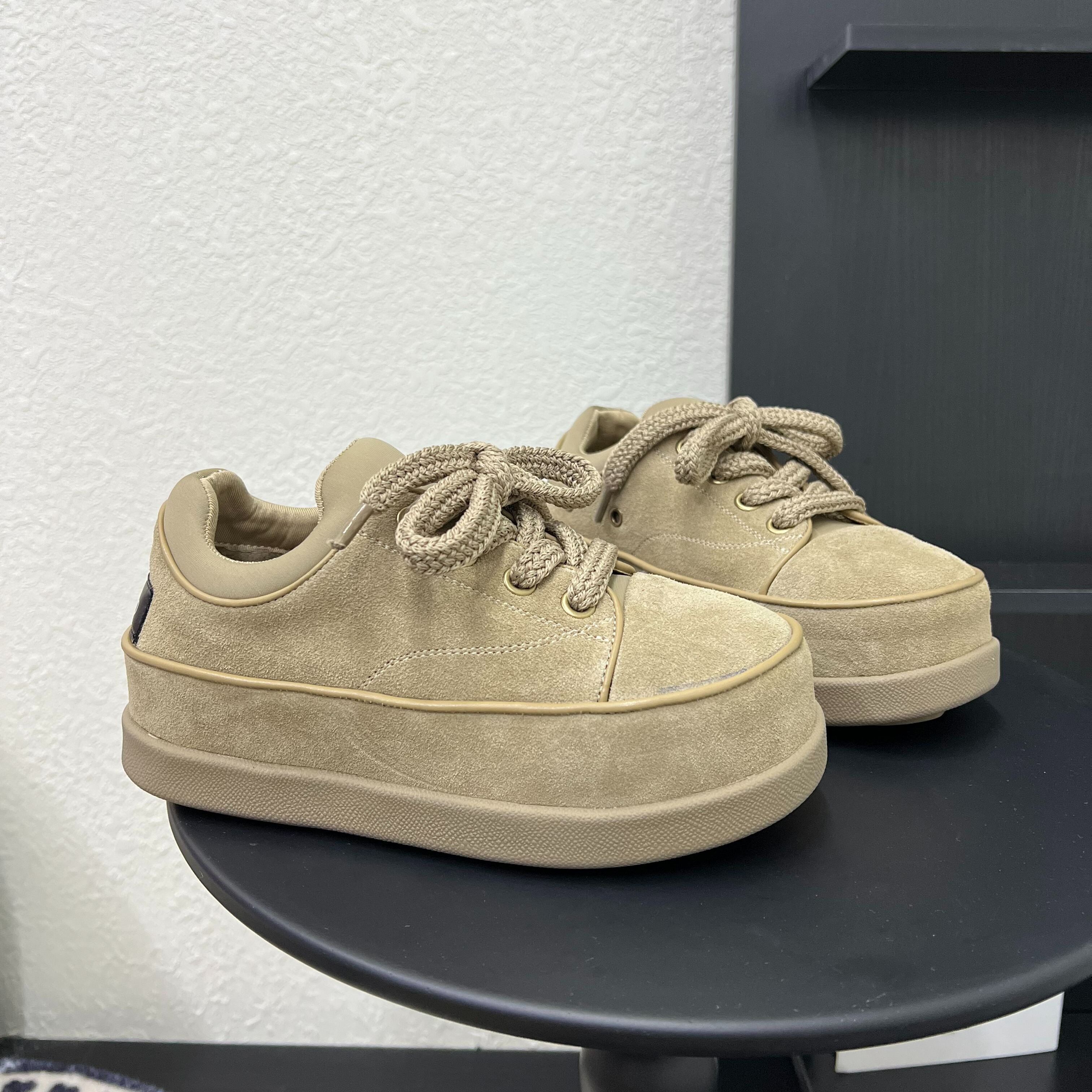 复古磨砂皮大头系带厚底增高德训鞋女2025松糕底加绒休闲鞋棉鞋潮