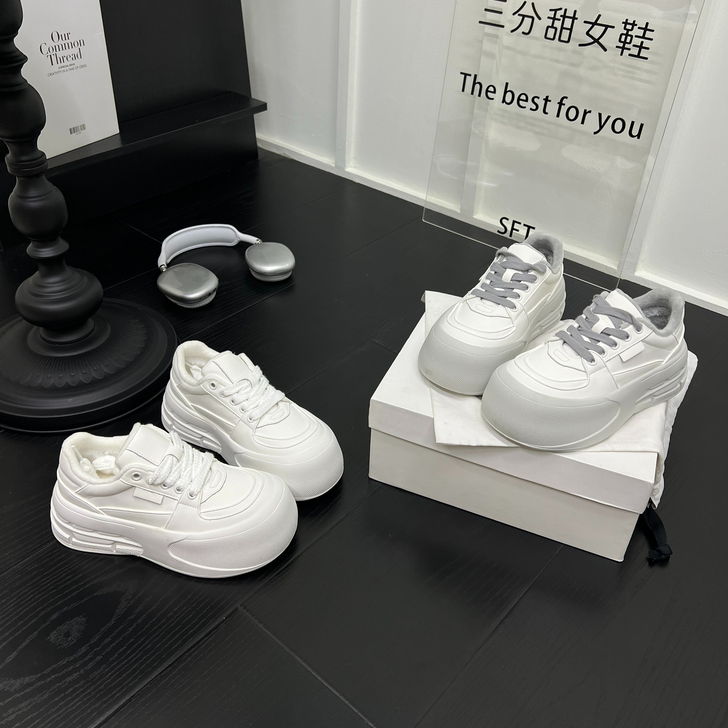 欧洲站真皮厚底增高5厘米大头休闲板鞋女2025加绒运动小白鞋棉鞋