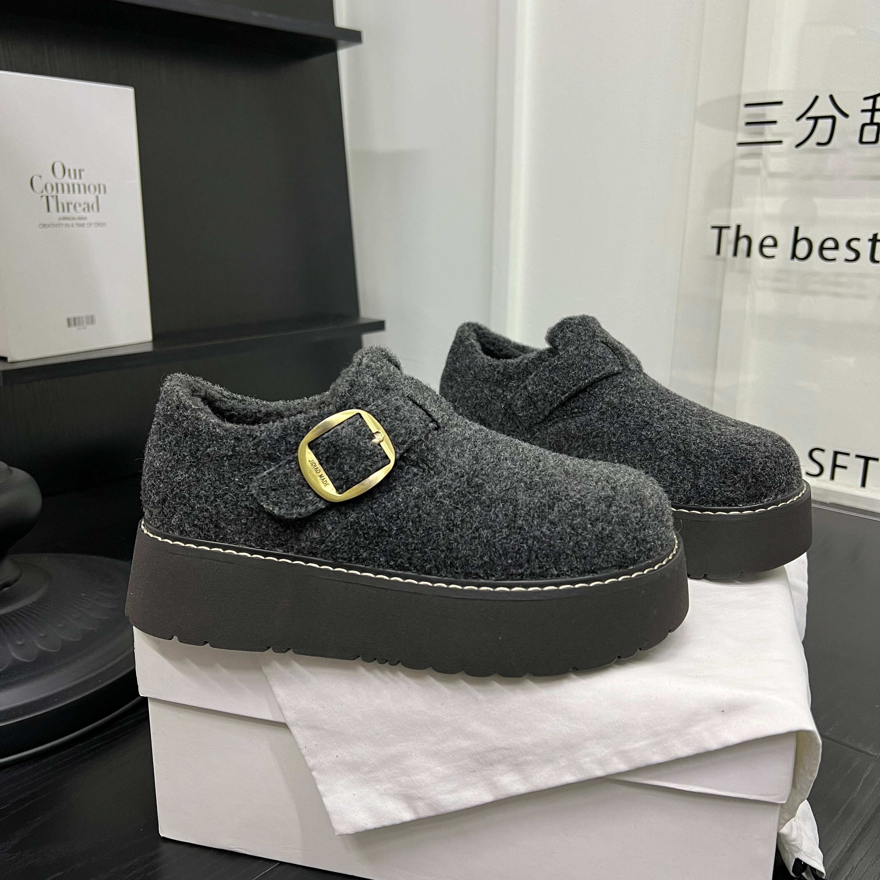 韩版毛呢厚底增高加绒勃肯鞋女爆款魔术贴保暖棉鞋一脚蹬休闲鞋潮