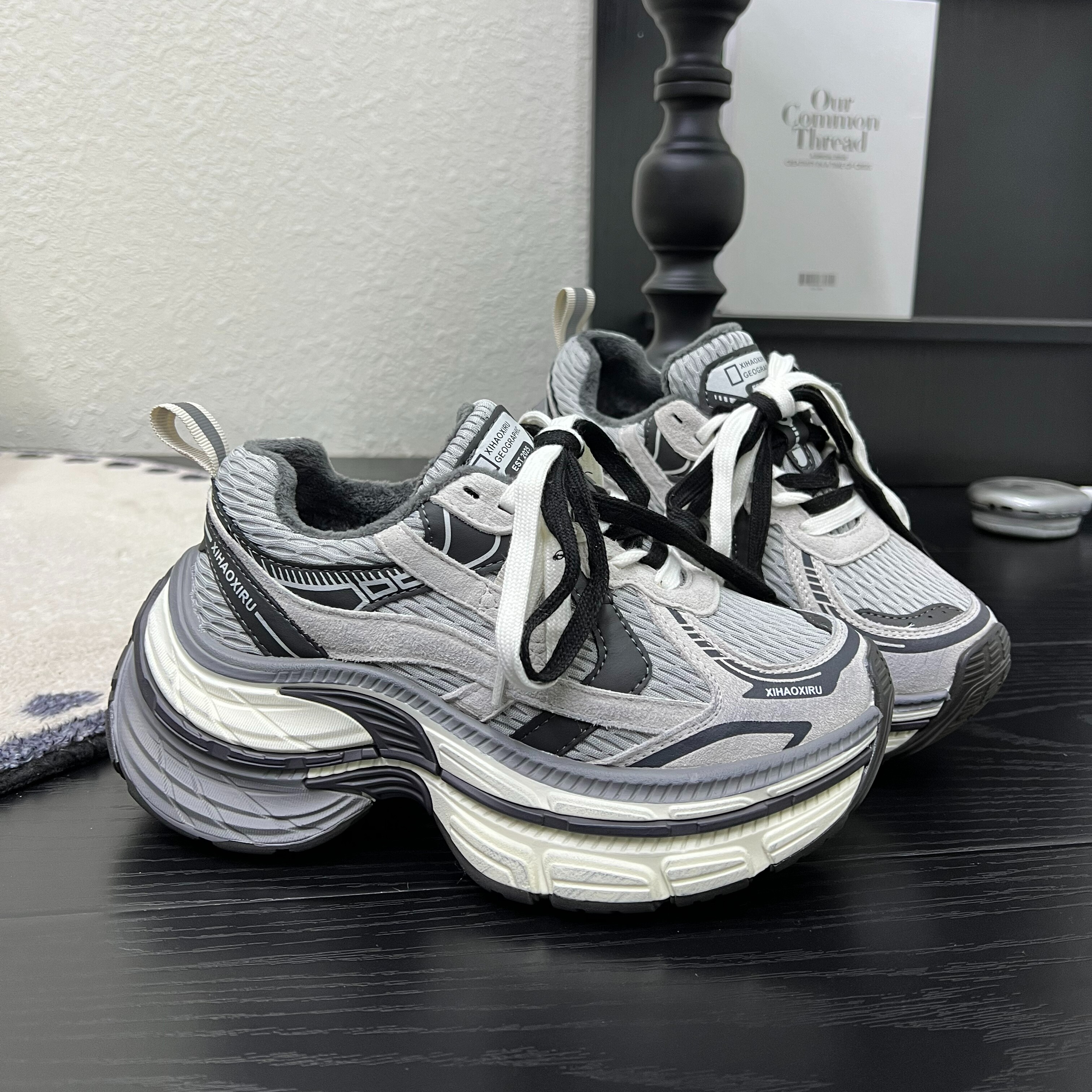 欧洲站厚底真皮老爹鞋女2025网红小个子增高拼色网面加绒休闲鞋潮