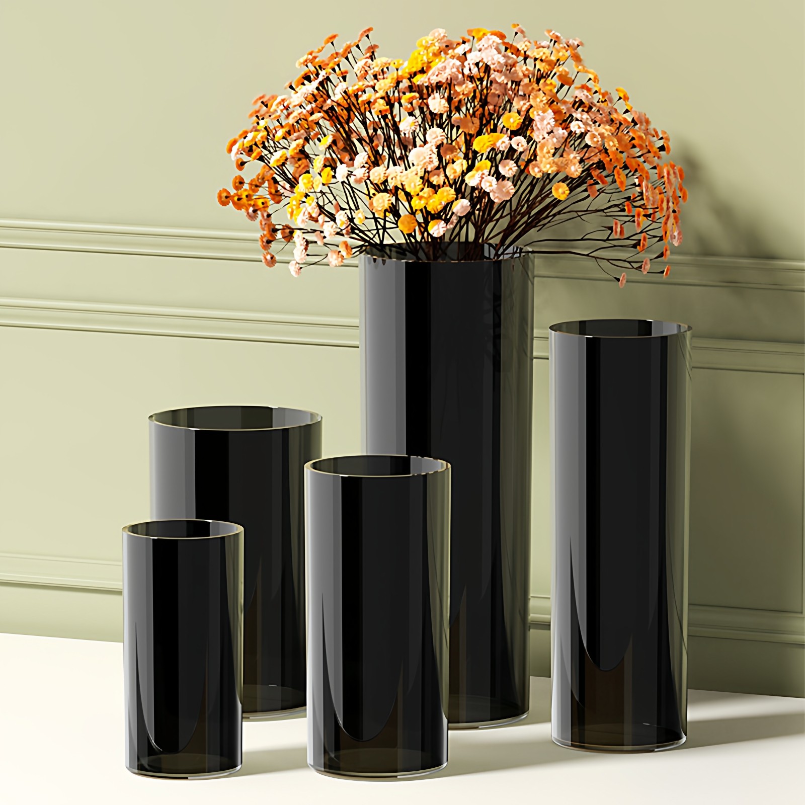 北欧插花桶 亚克力纯黑直筒花瓶 富贵竹鲜花筒加高 醒花桶,家居饰品,花瓶,淘宝优惠券,粉丝福利购,淘宝优惠卷
