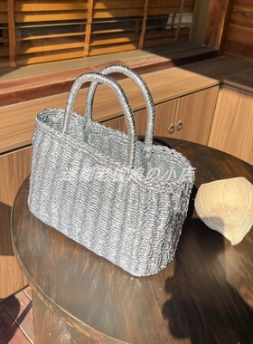 网红款银色手工编织包包女大容量菜篮子包韩版ins闪片包手提包