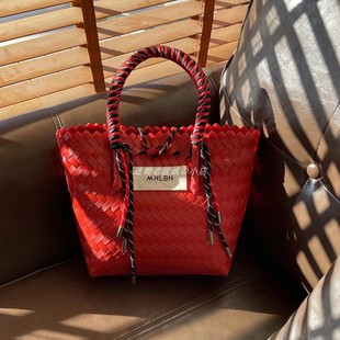 原创马年红色手工编织菜篮子包大容量手提手拎海边度假沙滩包包女