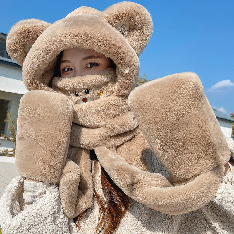 围巾女冬季保暖加厚百搭毛绒围脖帽子一体骑行防风连帽手套三件套
