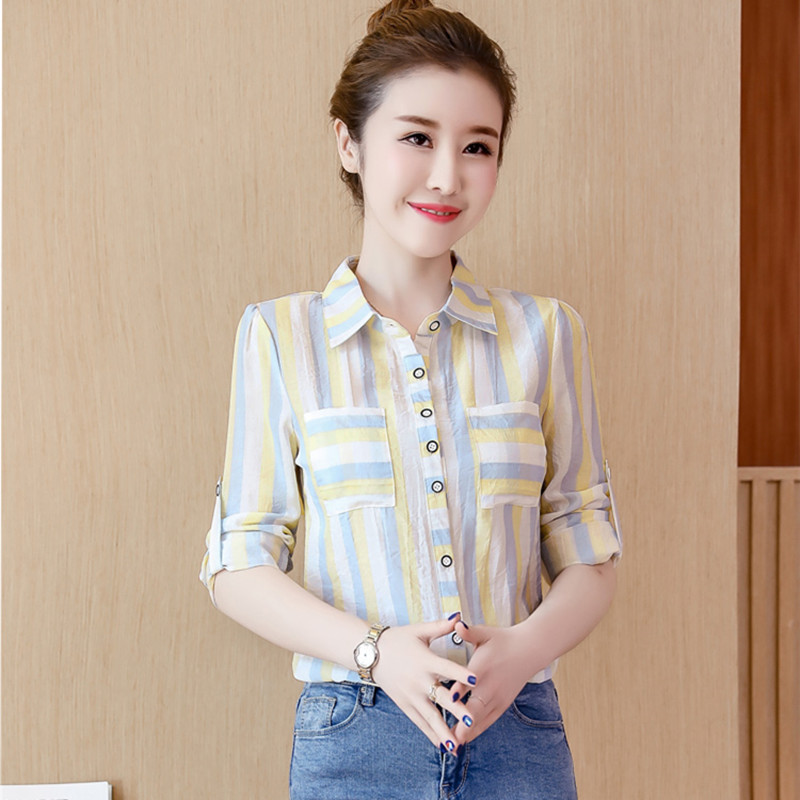 Spring and summer Cotton and hemp Long sleeve shirt Women's wear 2021 new pattern Korean Edition stripe Lapel Self cultivation Western style jacket Work clothesin the Women's clothing/Boutique , Shirt  category - from Buy2taobao.com to provide professional Taobao agent buy service