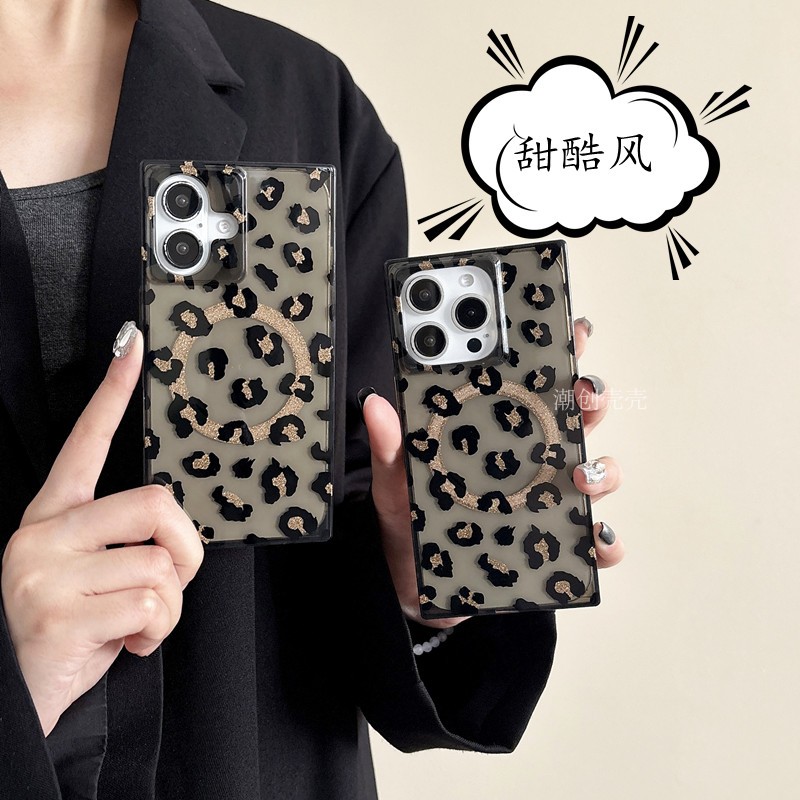 ins甜酷风黑色豹纹适用iPhone15苹果16promax方形透明手机壳14pro磁吸充电13高级感12promax轻奢女16plus欧美
