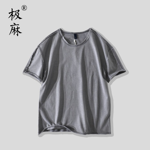 做旧毛边圆领短袖休闲T恤
