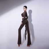 拉丁舞套装 舞蹈练功服裤 女短上衣长袖 CONNY新款 国标摩登跳舞长裤