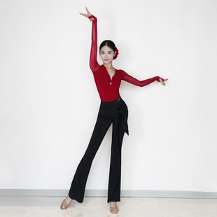 康尼CONNY拉丁舞女舞蹈套装长袖短袖上衣绑带长裤子微喇叭练功服