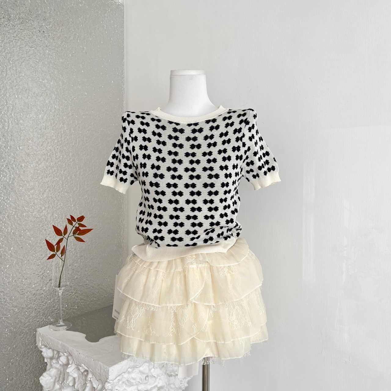 私藏少女Dolly私服系列 重工蝴蝶结短袖圆领毛衣