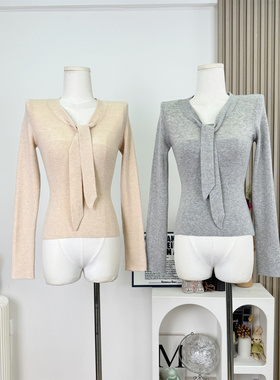 小姐姐肌理情书飘带针织衫女秋冬灰色毛衣气质修身打底衫