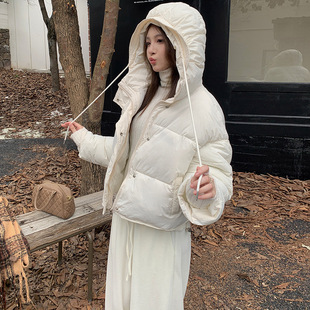 大码超好看白色连帽短款羽绒棉服女冬季小个子宽松加厚面包服外套