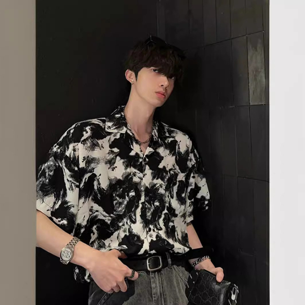 夏季美式复古古巴领短袖衬衫男