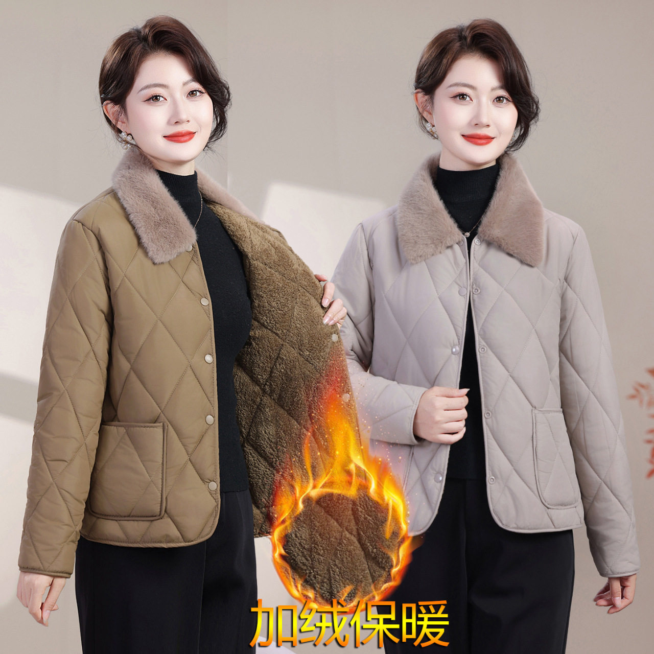 冬季妈妈装翻领加绒加厚棉衣