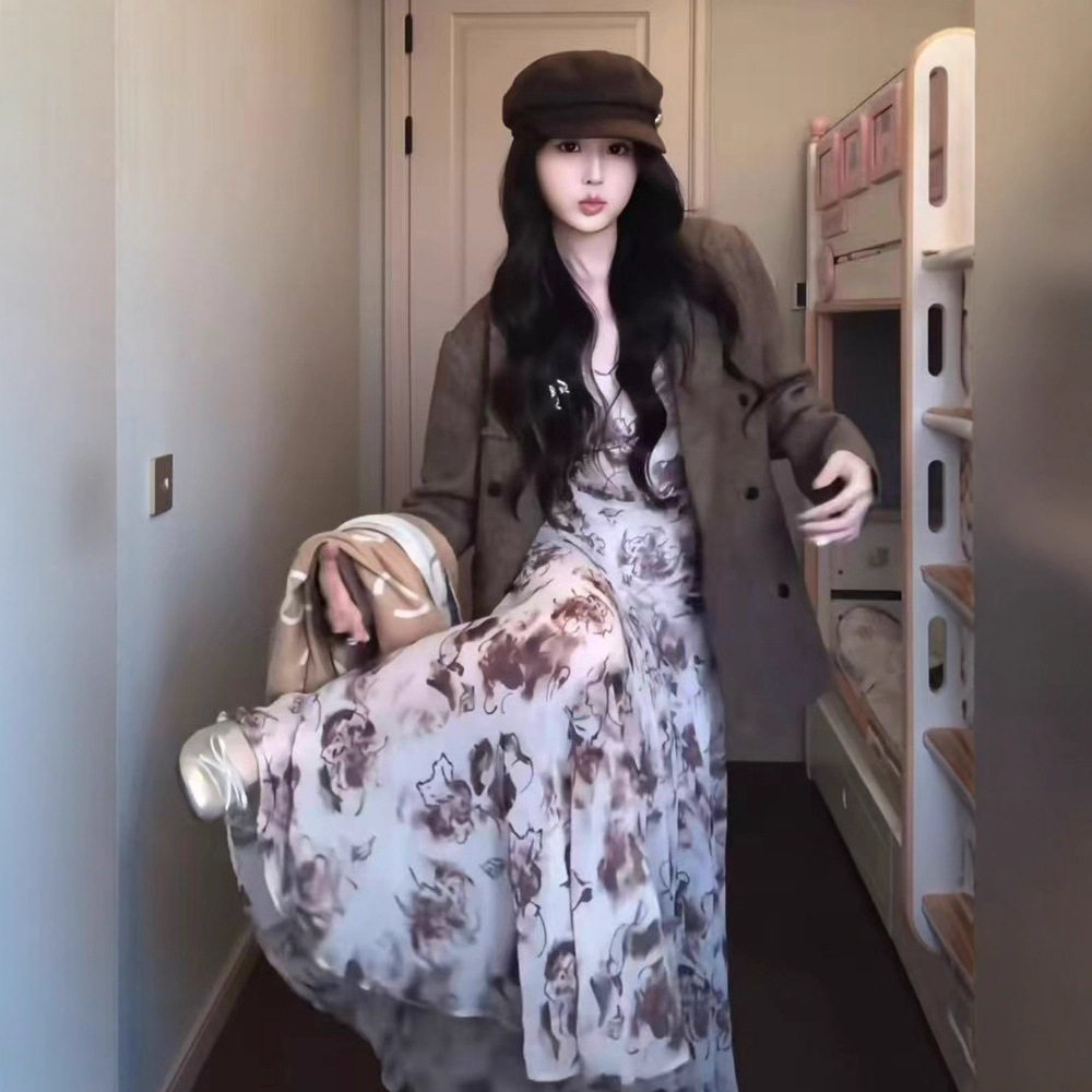 秋冬美拉德西装碎花裙套装女