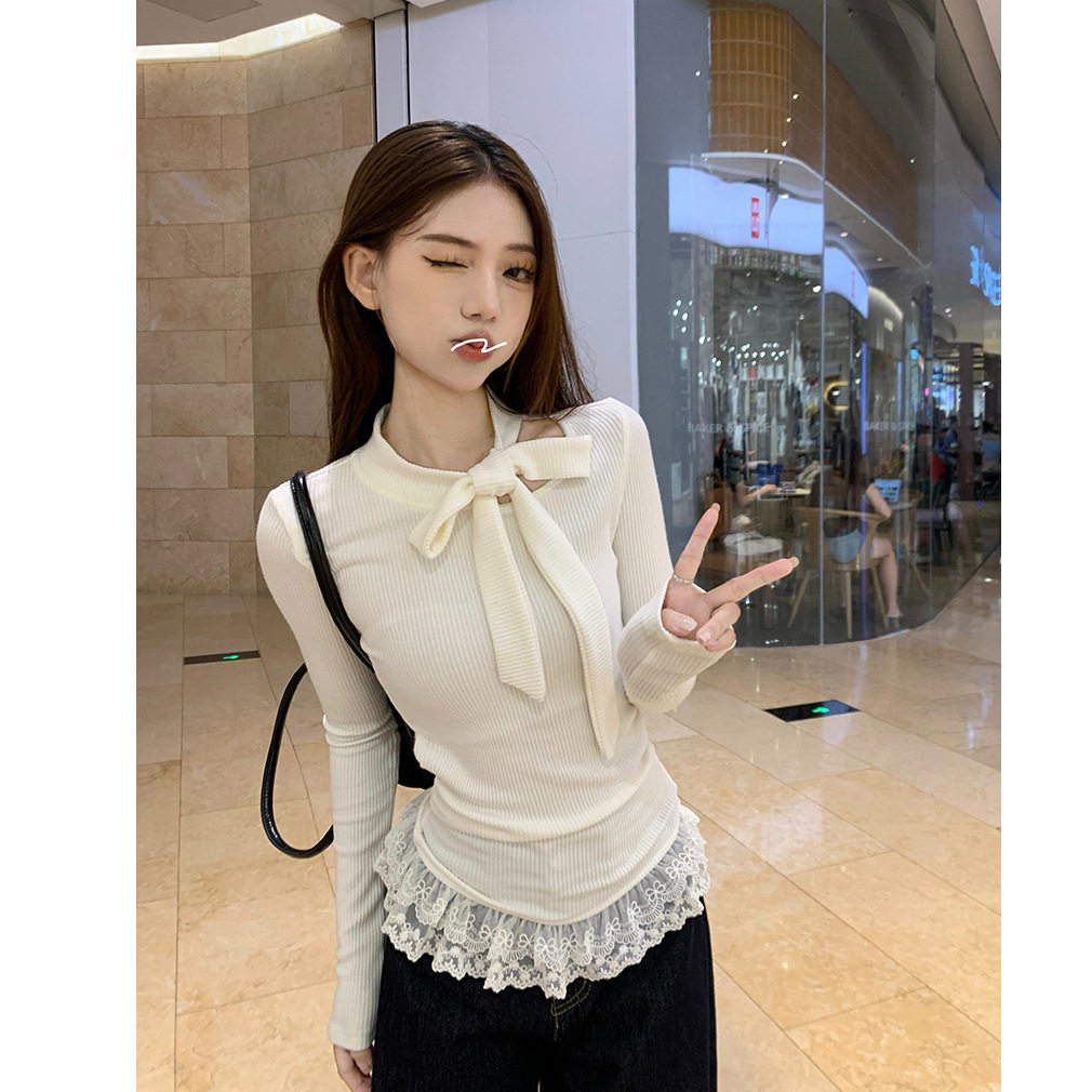 法式纯欲蕾丝蝴蝶结修身长袖T恤