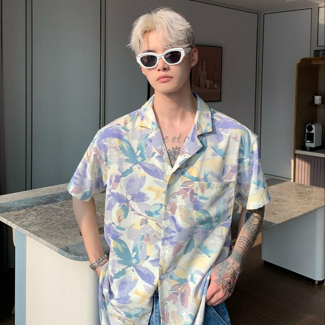 夏威夷度假复古油画花短袖衬衫男