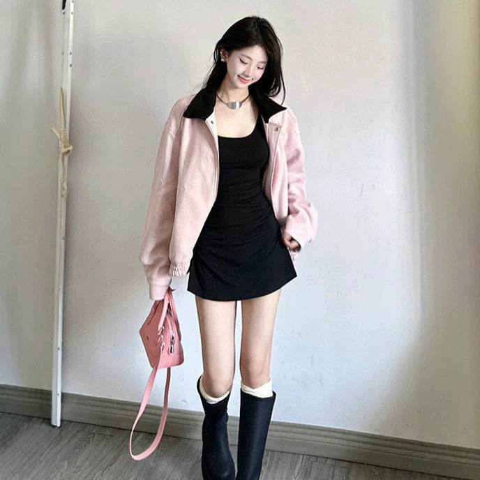 韩系粉色麂皮小香风短外套女