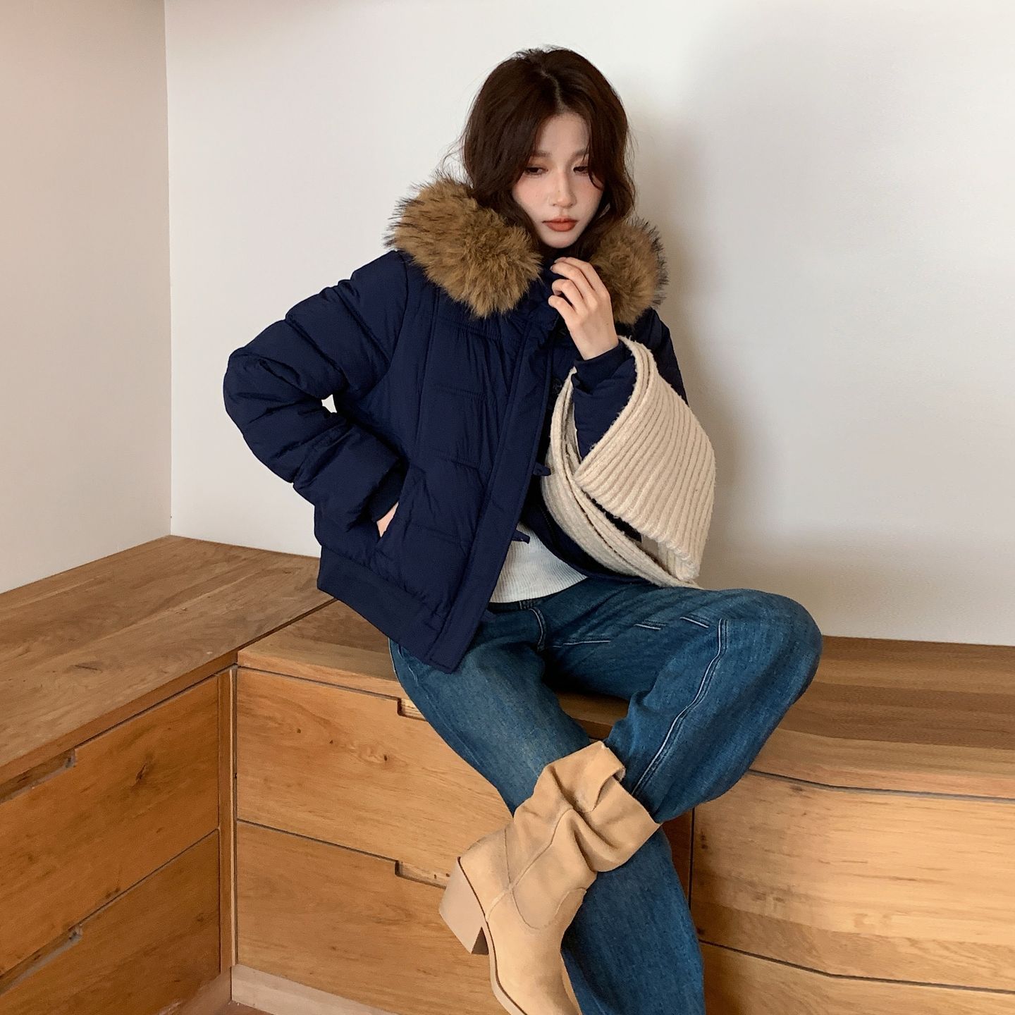 冬季双层领连帽加厚保暖面包服女