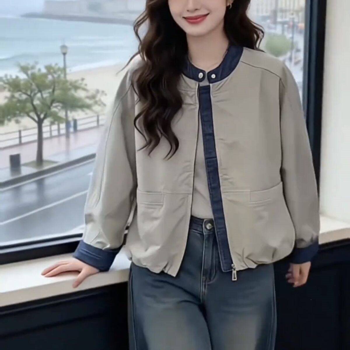 春秋韩版牛仔拼接立领显瘦棒球服