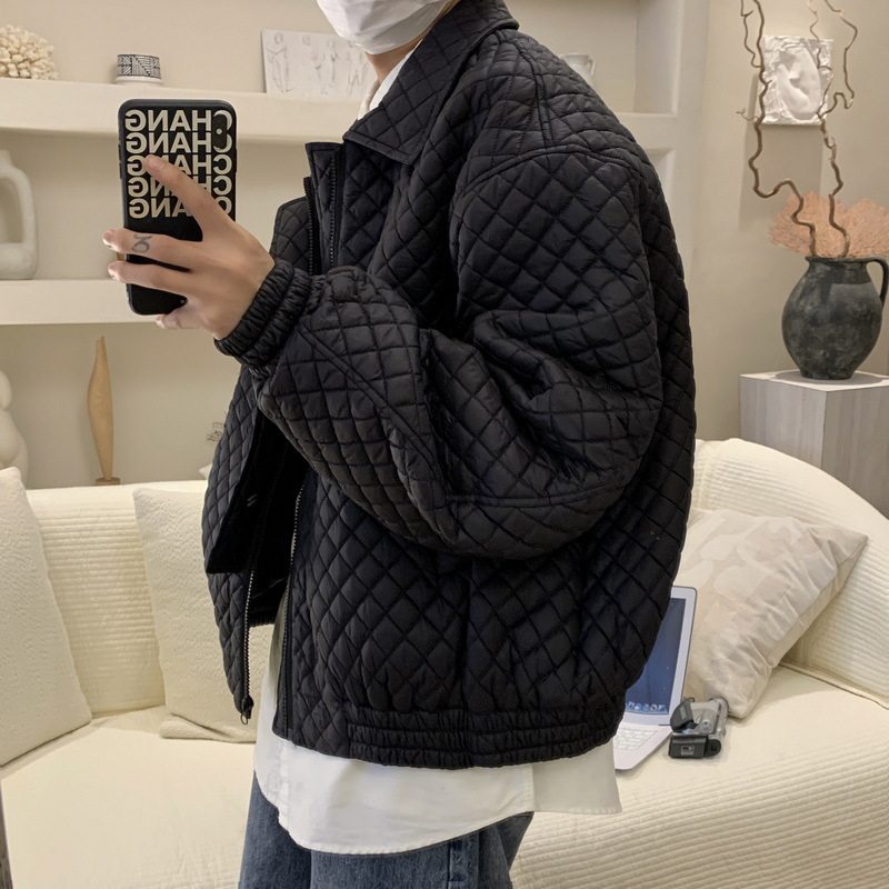 翻领菱格棉服男冬季高级感外套男轻奢短款棉衣轻熟风男装机车棉袄