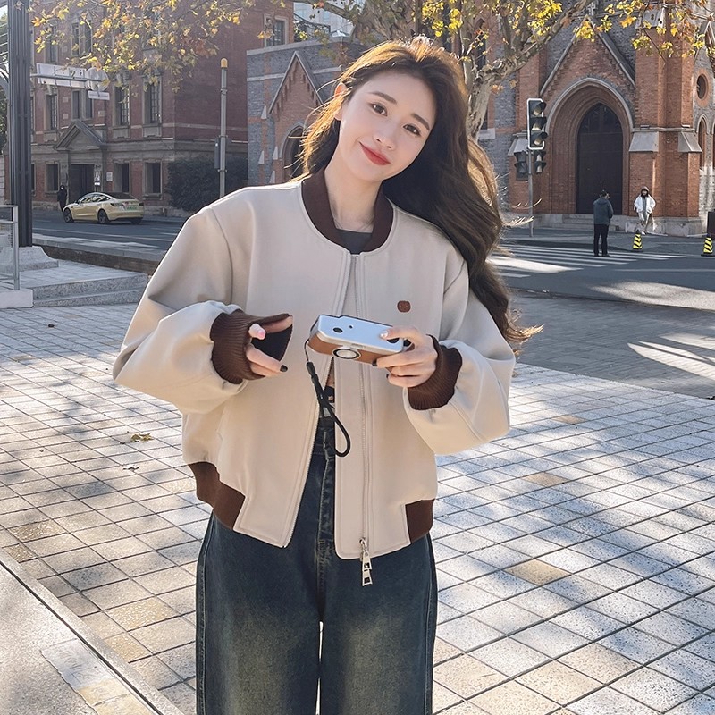 美式街头棒球服女春秋短款撞色