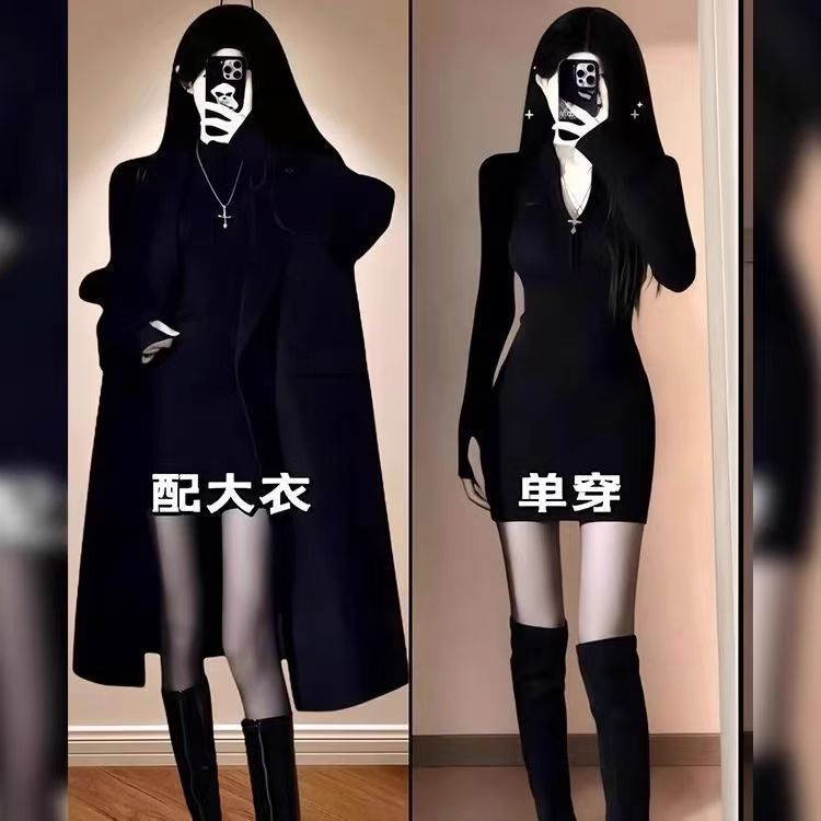秋冬半高领包臀修身打底连衣裙