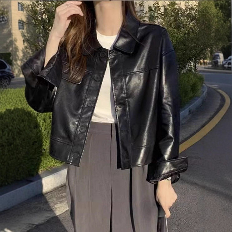 黑色短款pu小皮衣外套女