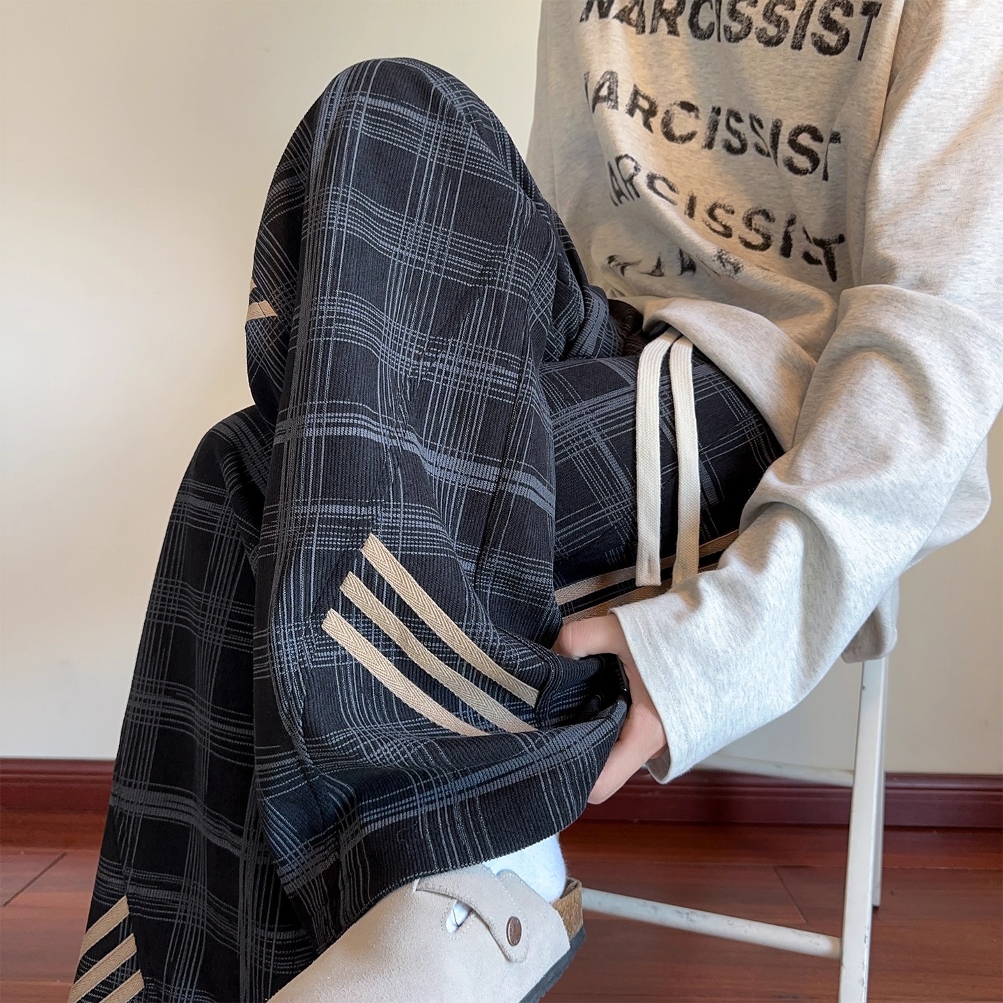 美式条纹格子灯芯绒宽松直筒男裤