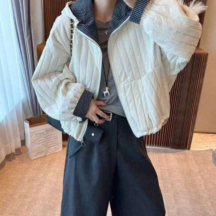 2026新款高品质连帽格子棉外套女