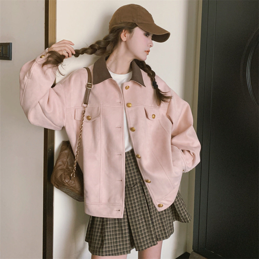 粉色麂皮绒工装夹克女2026新款